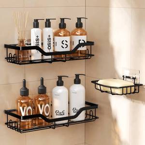 lot 6192 image: OMAIRA 3-Pack Shower Caddy Set with Soap Holder, Adhesive No-Drill, Black