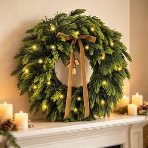 WANNA-CUL 22 Inch Real Touch Pine Christmas Wreath with 30 LED Lights