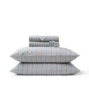 lot 7761 image: Christy Calder Stripe King Sheet Set 100% Cotton Percale Blue and Brown  Retail $245