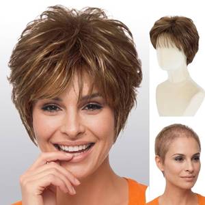 lot 8043 image: WIGYY Brown with Blonde Highlights Pixie Cut Wig Short Curly Synthetic
