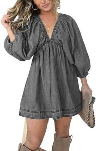 lot 8045 image: Yoeasy Womens Denim Mini Dress V Neck Puff Sleeve Swing A-Line X-Large Grey