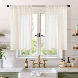 lot 8046 image: BGment Ivory Linen Curtains 40 Inch Long Semi Sheer Light Filtering 2 Panels