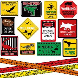 lot 8057 image: ZOIIWA Dinosaur Party Decoration Set Caution Signs and Tape, 12 Signs 3 Rolls