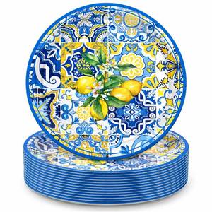 lot 8077 image: Jajajuegos Capri Lemon Paper Plates 7 Inch 24 Pcs Blue and White Disposable