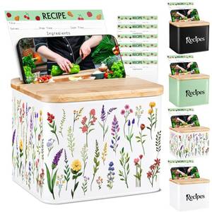 lot 13532 image: Dekosilave Metal Recipe Box with Bamboo Lid 4x6 Card Organizer White Flowers