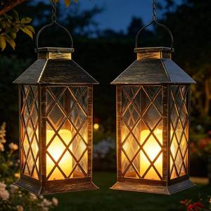 lot 13570 image: Large Solar Lantern Outdoor Hanging 14 Inch 2 Pack with Glass
