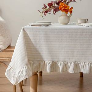 lot 13580 image: SeptPas Fall Striped Ruffled Tablecloth Beige 60 x 120 Inch