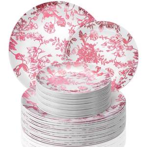 lot 13601 image: Suclain 60 Pcs Disposable Plastic Party Plates Pink Floral 9 Inch and 7 Inch