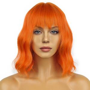 lot 14422 image: LANCAINI Wavy Bob Wig With Bangs Womens Short Orange Synthetic 12 Inch