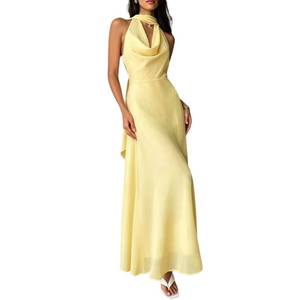 lot 14469 image: GUXMO Women Halter Cowl Neck Maxi Dress Backless Sleeveless Yellow With Scarf Large