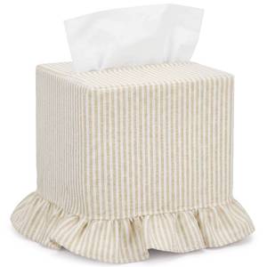 lot 14480 image: Sawysine Tissue Box Cover Cream Striped Ruffled Square