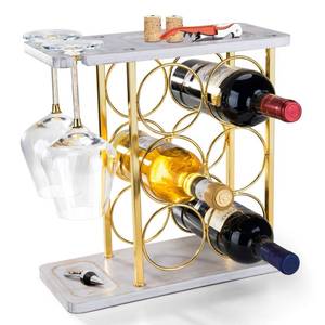 lot 17764 image: ALLCENER Countertop Wine Rack with Glass Holder Wood and Gold 6 Bottle
