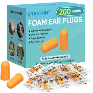 lot 17773 image: TICONN Foam Ear Plugs 32 dB NRR 200 Pairs Individually Wrapped