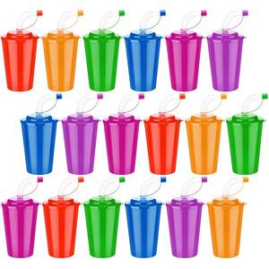 lot 17782 image: Zubebe Plastic Party Cups with Lids and Straws 12 oz Neon 24 Pcs