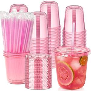 lot 17804 image: Jycnolm 12oz Pink Plastic Cups with Lids and Straws 100 Sets
