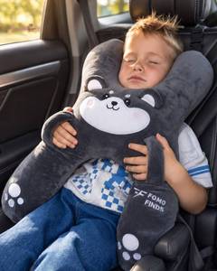 lot 17813 image: FOMO Finds Kids Car Travel Pillow H-Shaped Neck & Back Support Grey Dog