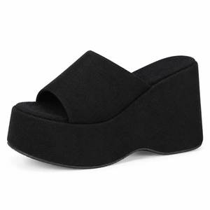 lot 18197 image: NBZKBNG Womens Suede Platform Wedge Slide Sandals Black Size 8 4-Inch Heel