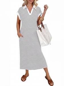 lot 18198 image: ANRABESS Womens Summer Casual Polo V-Neck Dress Grey White Stripe XL