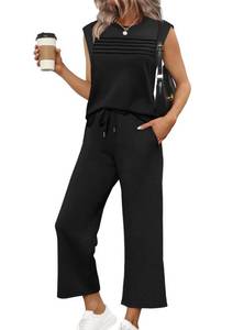 lot 18212 image: WIHOLL Womens Two Piece Lounge Set Cap Sleeve Crop Pants Black Size L