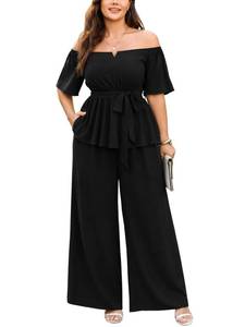 lot 18262 image: SCOMCHIC Women Plus Size 2 Piece Outfit Off Shoulder Peplum Top Pant Set