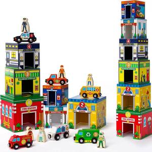 Atoylink Stacking Nesting Blocks Magnetic Wooden Cars and Community Helpers