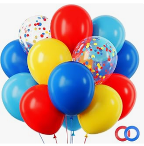 lot 6195 image: Assorted Color Latex Balloons w Red Ribbon Roll and Confetti - Stock image may not match actual product images