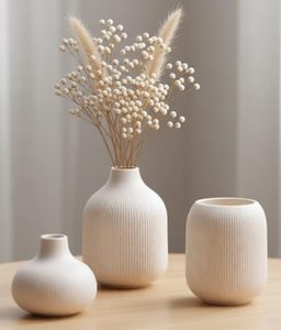 lot 1282 image: VASETOPIA White Ceramic Ribbed Decorative Vases Set of 3 Small Modern