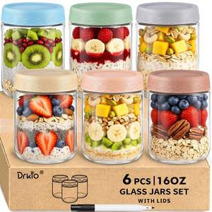 lot 1302 image: DRKIO 16 Oz Glass Overnight Oats Containers with Lids 6 Pack