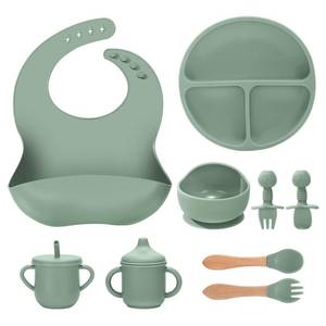 lot 1314 image: JELLDJK Silicone Baby Feeding Set 9 Pcs Suction Plate Bowl Bib Green