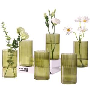 lot 1325 image: TripodBird Green Ribbed Glass Bud Vase 6 Inch Cylinder