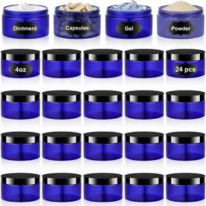 lot 1327 image: Dandat 24 Pack 4 oz Blue PET Cosmetic Jars with Black Lids and Labels