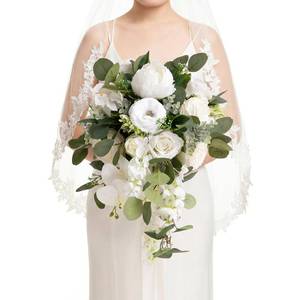 lot 1357 image: Lings Moment Cascading Ivory Bridal Bouquet Faux Silk Peonies Roses 13 Inch  Retail $136.99