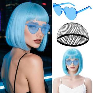 lot 2333 image: MEEZY Light Blue Short Bob Wig Straight Hair with Flat Bangs Synthetic