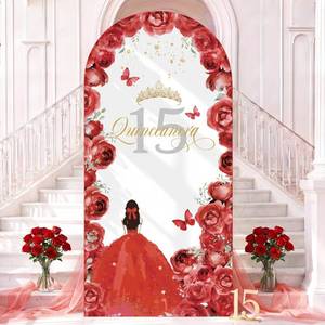 lot 2353 image: Fanfanwin Quinceanera Arch Backdrop Cover, Red, 86.6 x 47.2 in