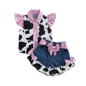 lot 2355 image: Emmababy Toddler Girls 2-Piece Cow Print Denim Outfit Set Blue 2-3 Years