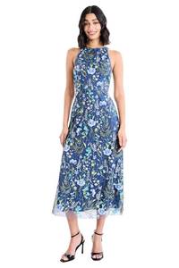 Maggy London Women's Floral Embroidered Midi Dress Blue/Green/Yellow Size 12 | Retail $180