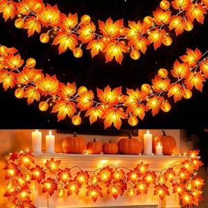 TOPLEE 3 Pack Fall Garland With Pumpkin Lights Maple Leaves 30Ft 60 LED