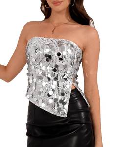 lot 2414 image: Tobyto Womens Sequin Crop Tube Top Sleeveless Silver Size M