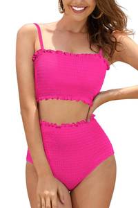 lot 2437 image: SHEKINI Womens Bikini Set Shirred Bandeau High Waist XL Fluorescent Pink