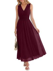 lot 2467 image: ANRABESS Womens Floral Tulle Wedding Guest Maxi Dress Wine Red M