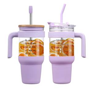 lot 8203 image: Chunmo 40 oz Glass Tumbler with 2 Lids and Straws, Silicone Sleeve