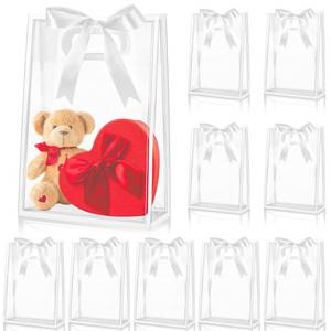 lot 8263 image: Aliceset Clear Plastic Gift Bags with Handles, White Trim, 12 Pack