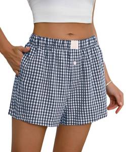 lot 8278 image: Womens Boxer Shorts Cotton Gingham Plaid Pajama Shorts Navy Blue