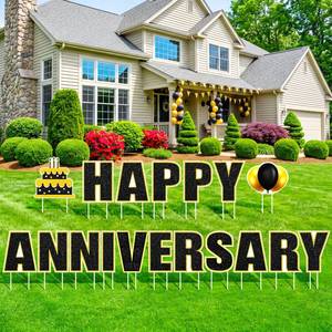 lot 13608 image: Hkshaoda Happy Anniversary Yard Sign Set Black Gold Glitter 16 Pieces