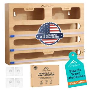 lot 13624 image: Flying Apsaras Bamboo Kitchen Drawer Organizer 5-in-1 Wrap & Bag Dispenser
