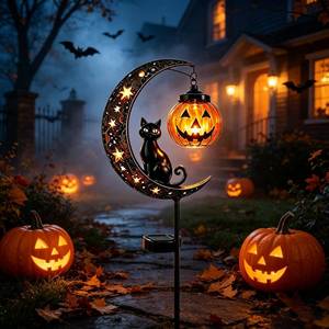 lot 13637 image: Generic Solar Halloween Black Cat Pumpkin Moon Garden Stake Light