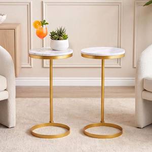 lot 13643 image: Briwooody Set of 2 Gold C Shaped Drink Tables White Marble Top