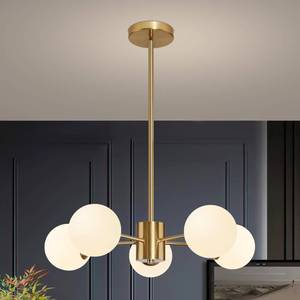 lot 13657 image: Bagood 5-Light Gold Sputnik Chandelier with White Frosted Glass Globe Shades  Retail $199.99