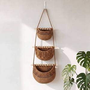lot 13682 image: GLDFI Boho Handwoven Rope Hanging Basket 3-Tier Brown
