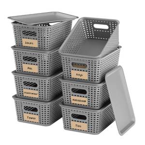 lot 13691 image: 8 Pack Grey Plastic Storage Baskets with Lids, 10 x 7 x 4 Inches